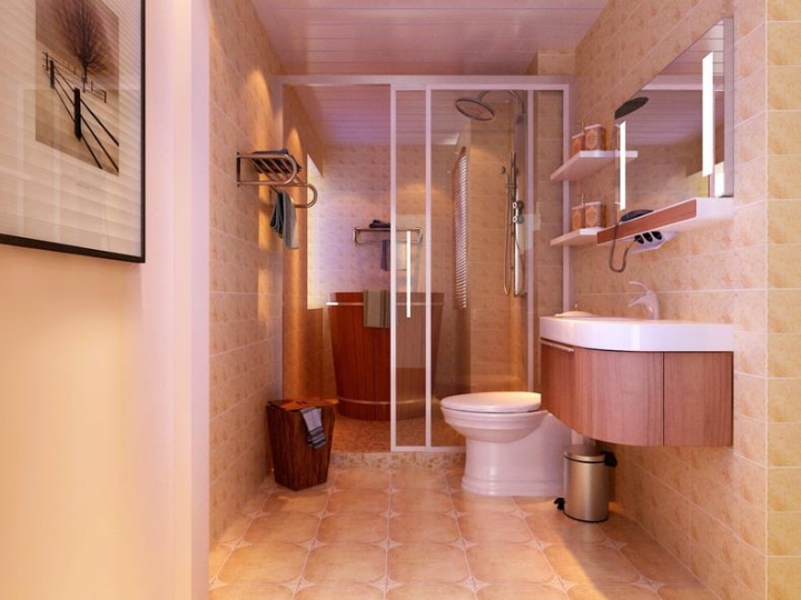 温馨简中式卫生间 原木悬挂式浴室柜设计