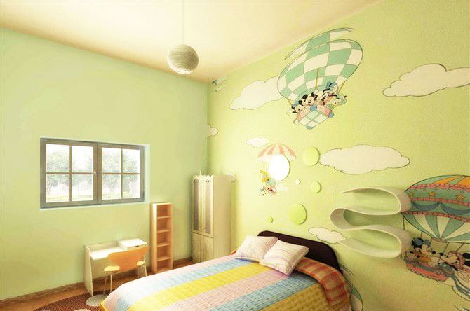 淡绿色简欧风儿童房手绘墙效果图