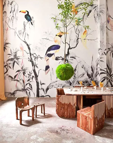 浪漫田园风客厅 花鸟手绘背景墙设计