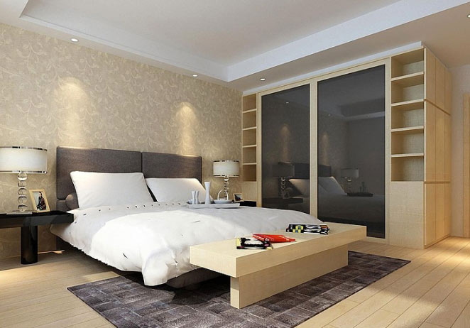 优雅现代简约风卧室 玻璃门原木衣柜设计