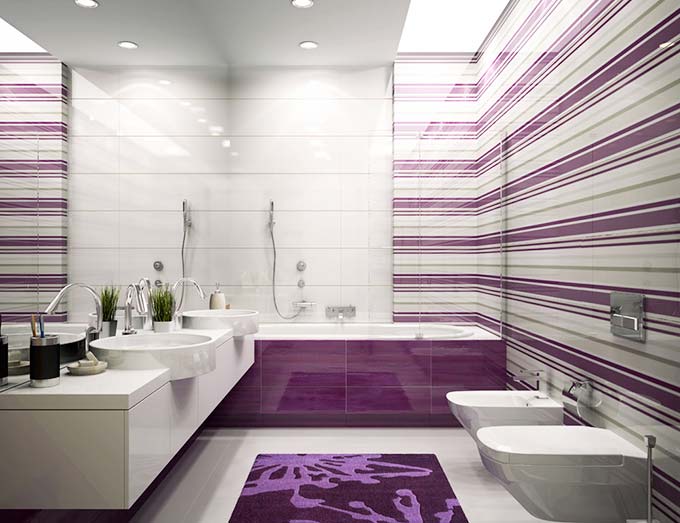 紫色系现代风卫生间 条纹背景墙设计