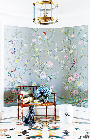 优雅中式客厅 鸟语花香背景墙设计