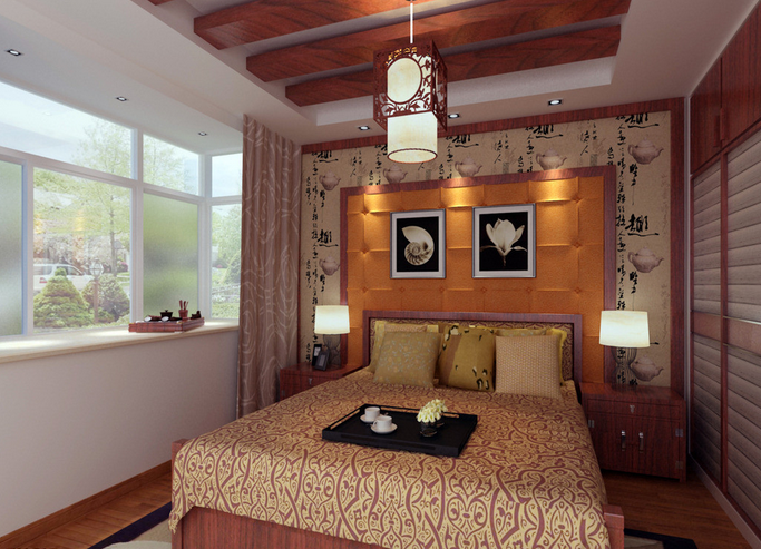 低奢简中式设计 卧室背景墙样板房欣赏
