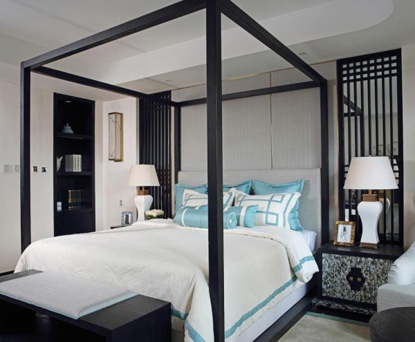 黑白新中式卧室架子床设计