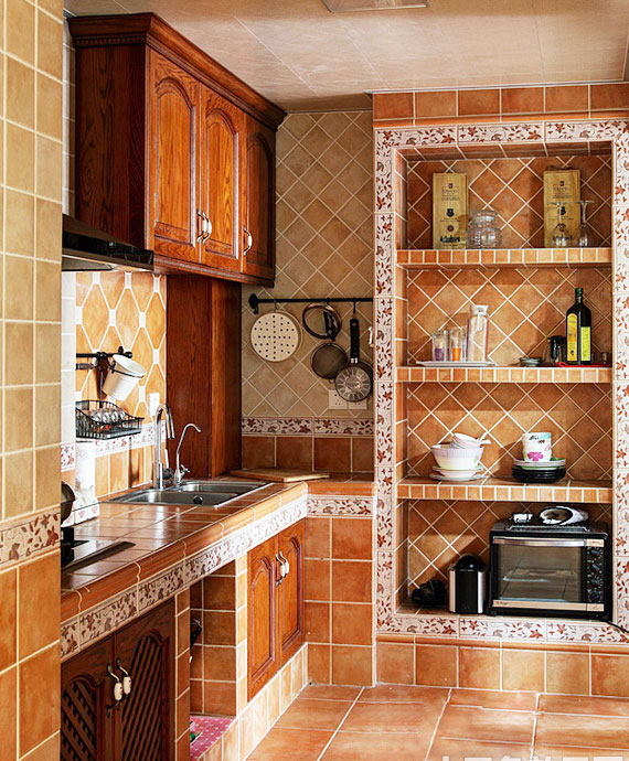 乡村美式厨房黄色砖砌橱柜效果图