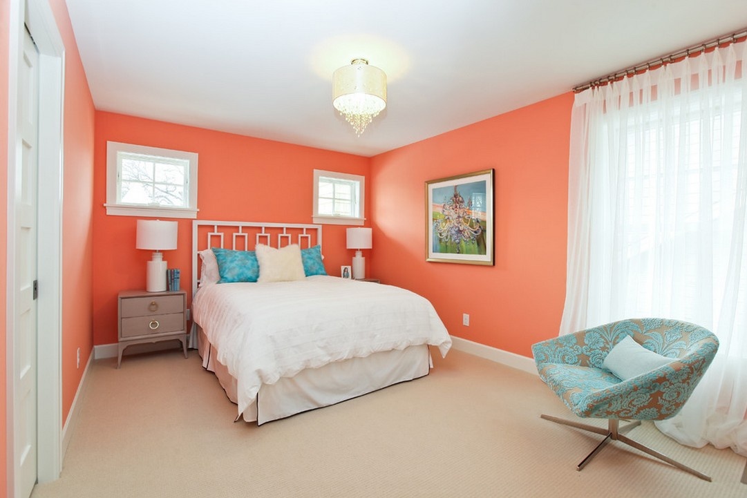 简约风卧室 橙粉色背景墙效果图