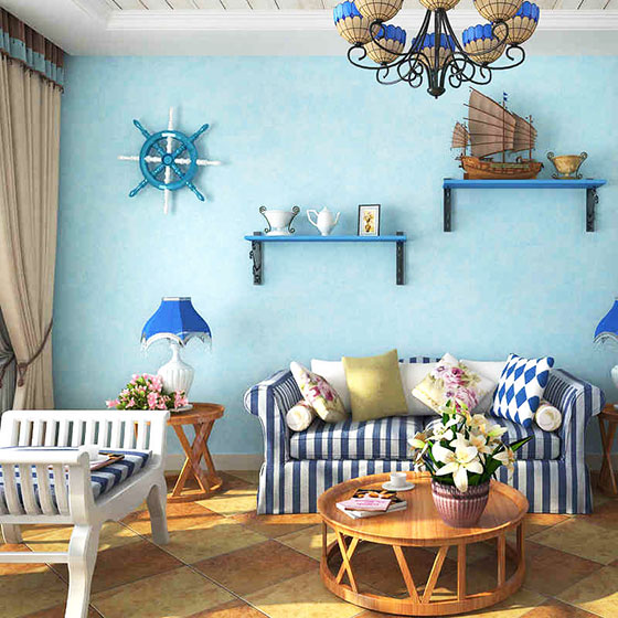 浪漫地中海风情客厅 蓝色壁纸效果图