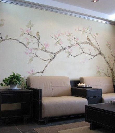 浪漫古典客厅 中式花鸟手绘背景墙设计