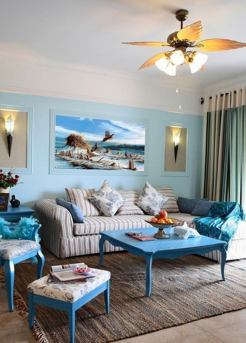 清爽地中海风情客厅 蓝色背景墙效果图