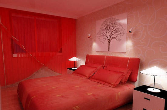 中国红色简约混搭风 婚房卧室效果图