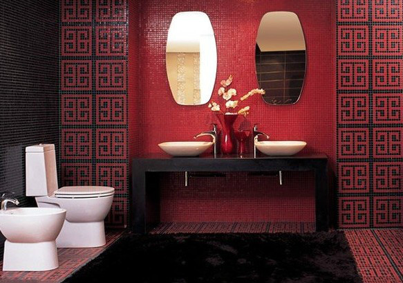 暗红色新中式卫生间背景墙设计