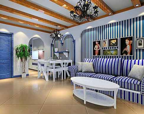 清爽地中海风情客厅 蓝色条纹背景墙设计
