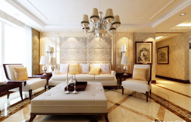 奢华金棕色欧式客厅 沙发软包背景墙设计