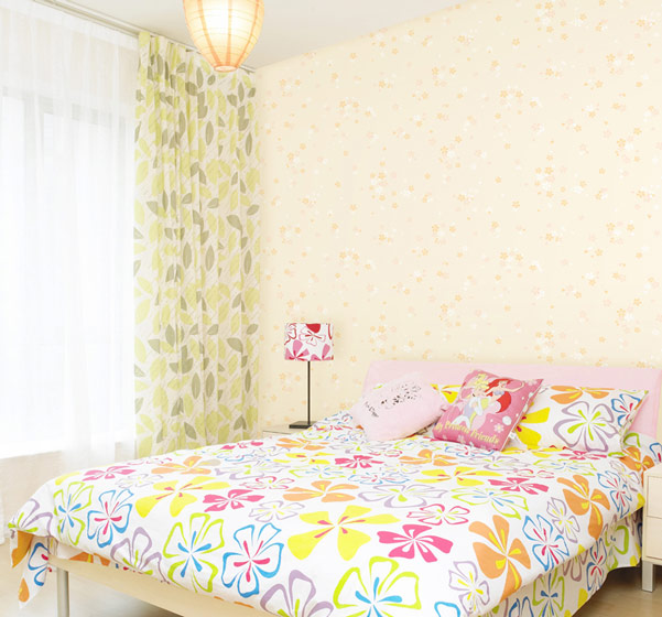 温馨韩式田园风卧室 米色小碎花背景墙设计