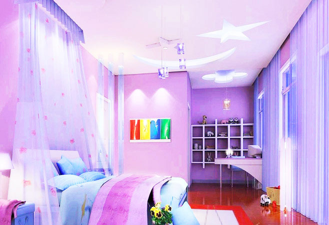 梦幻紫简美式儿童房 星空吊顶设计图