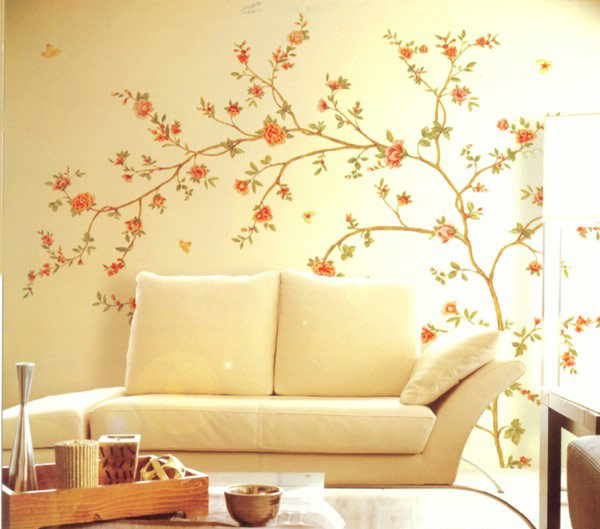 浪漫简中式客厅手绘墙效果图