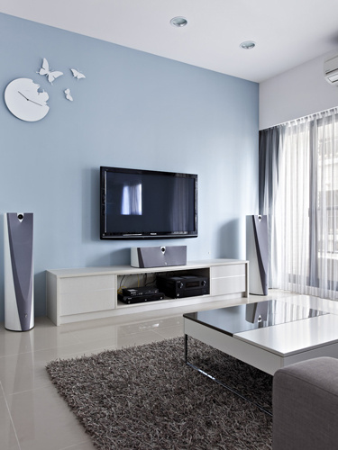 时尚现代简约风客厅 冰蓝色电视背景墙效果图