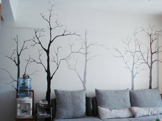 森系北欧风客厅 黑树枝手绘墙设计