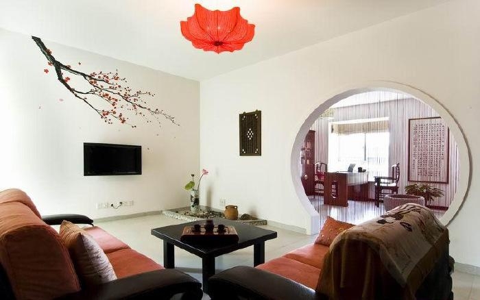 文艺新中式客厅 梅花手绘墙电视背景墙设计