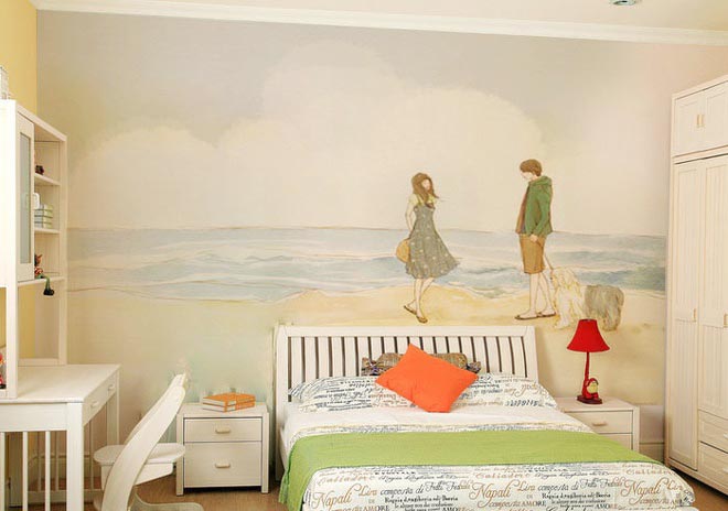 小清新北欧风卧室 情侣手绘墙设计图