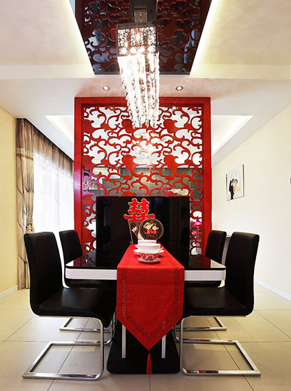 时尚新中式餐厅 红色镂空隔断效果图