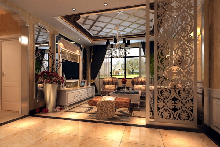 奢华欧式新古典客厅 镂空屏风隔断设计