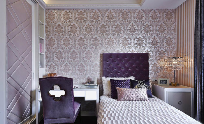 紫色欧式新古典卧室 花纹背景墙效果图