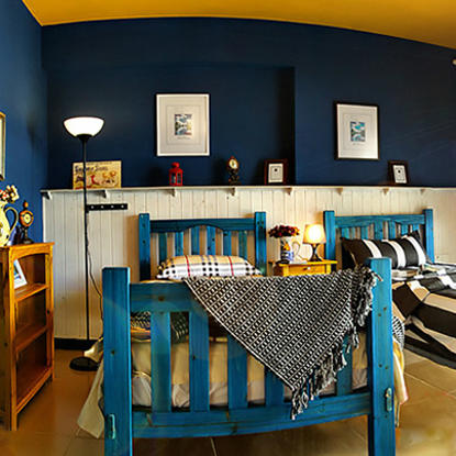 深蓝色复古美式 双人儿童房效果图