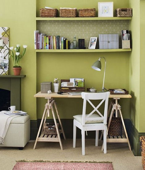 抹绿色简欧风 内嵌式书房设计