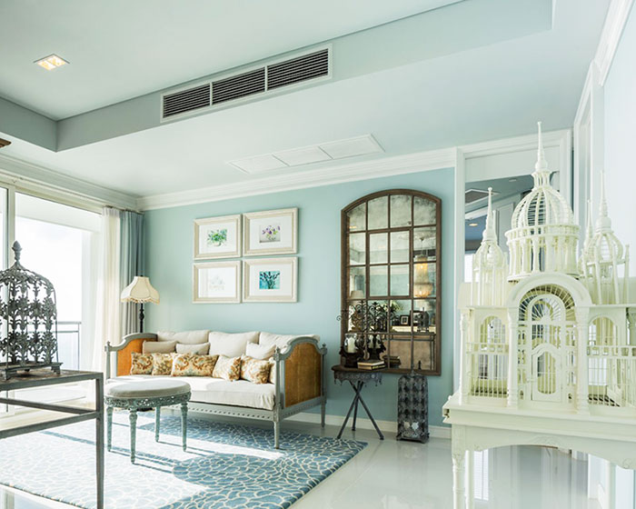 浪漫美式客厅 淡蓝色墙面效果图