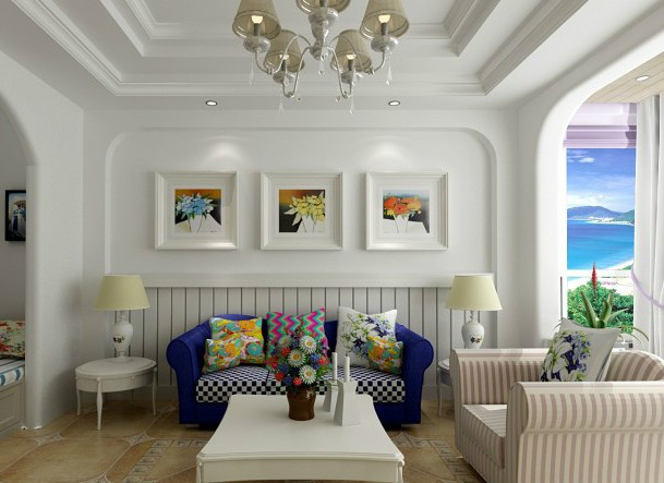清爽蓝白配 地中海风情客厅背景墙设计