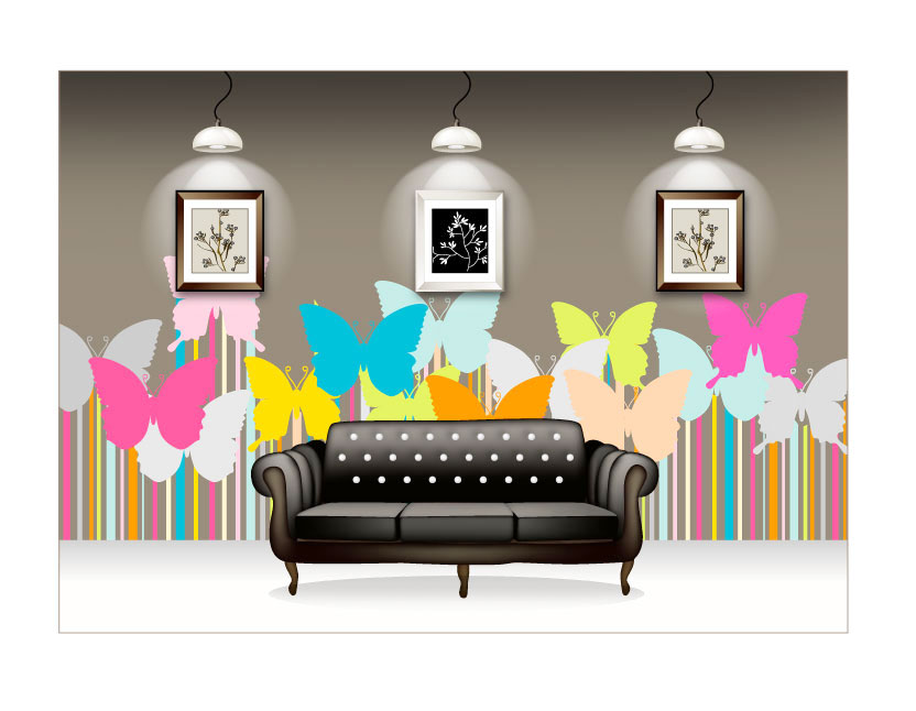 时尚唯美简欧风客厅 蝴蝶手绘墙设计图