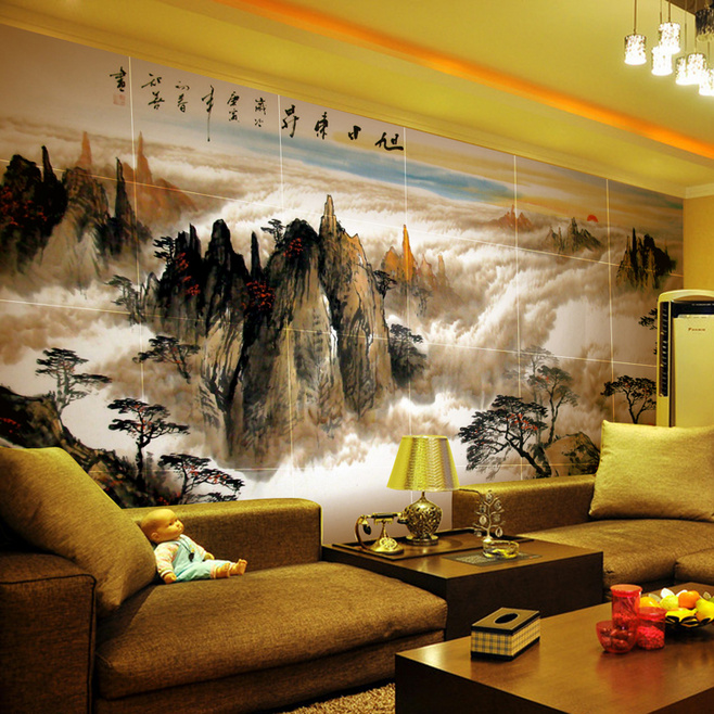 大气典雅中式客厅 山水画背景墙效果图