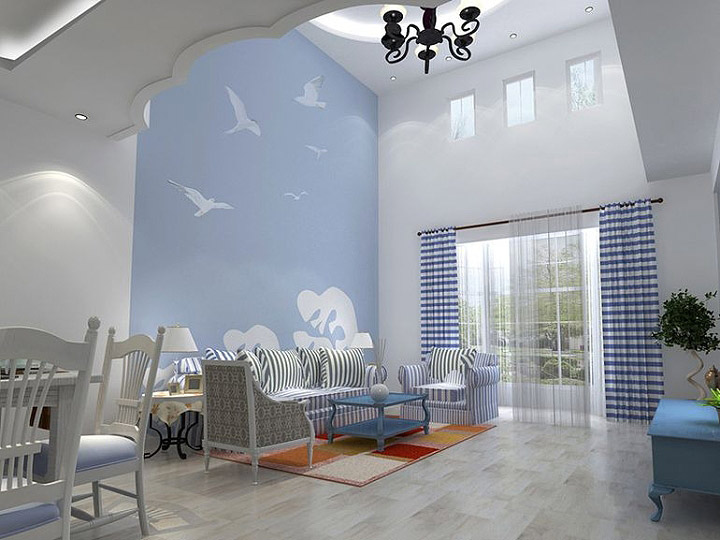 清新地中海风情客厅 浅蓝色背景墙效果图