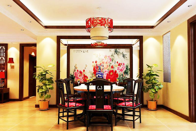 古香古色中式餐厅 花鸟图背景墙效果图