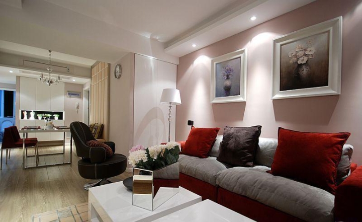 优雅现代简欧风客厅 裸粉色沙发背景墙效果图