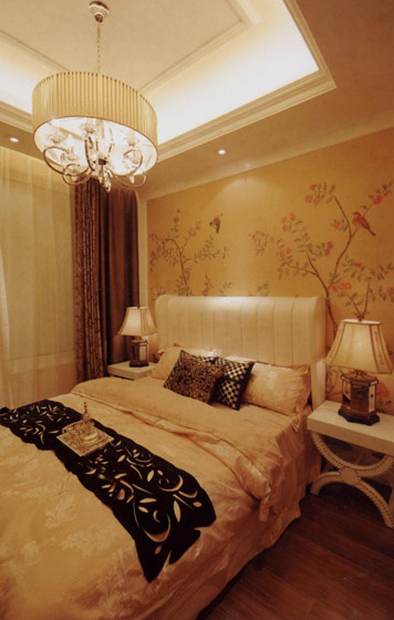 唯美雅致中式卧室 手绘背景墙图片