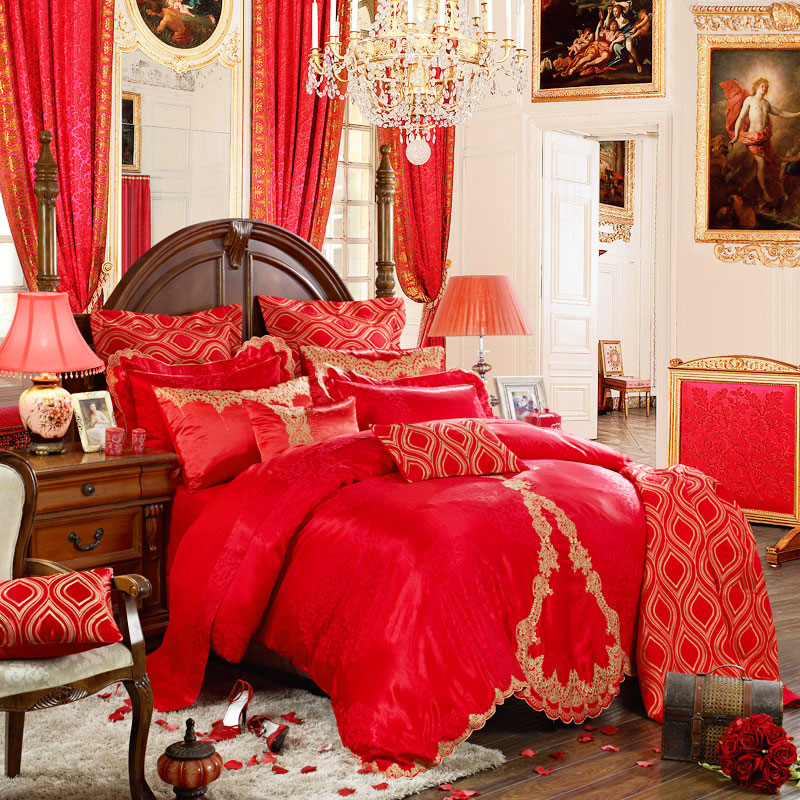 华丽古典欧式婚房 中国红婚床效果图