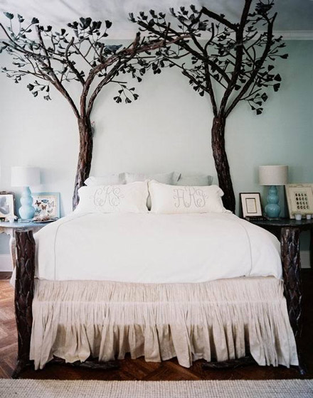 自然森系北欧风卧室 小树背景墙效果图