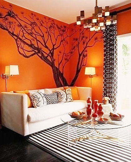 橙色北欧风客厅手绘背景墙设计