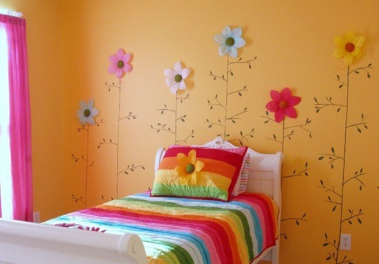 甜美宜家风儿童房 花朵背景墙设计