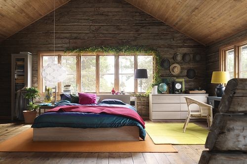 森系北欧田园风卧室 原木背景墙设计