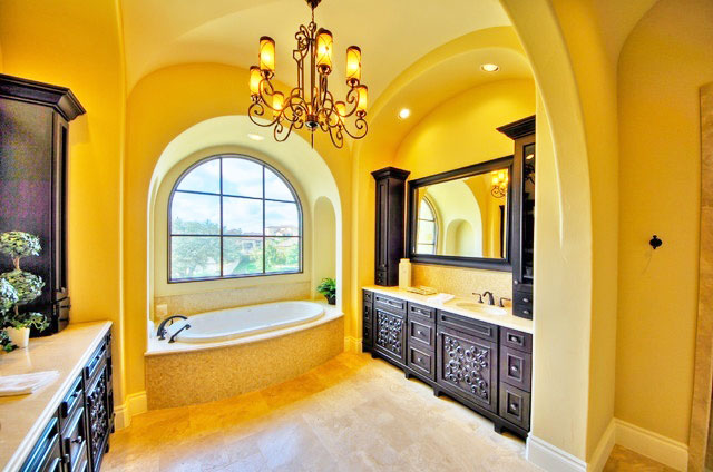 柠檬黄地中海风情 复古浴室柜设计图