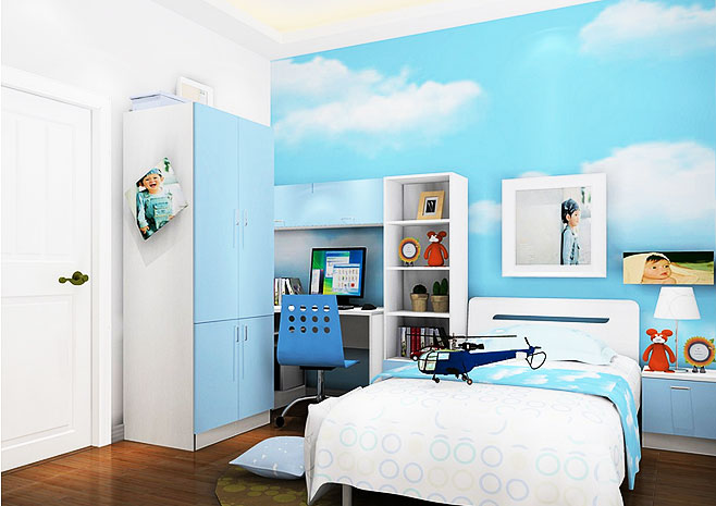 清新美式儿童房 蓝色天空背景墙设计
