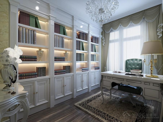 华丽大气欧式书房 白色整体书柜设计