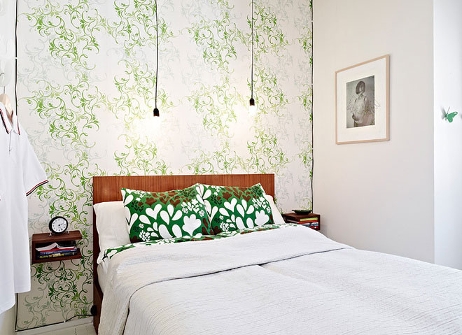 清新北欧风卧室 绿意壁纸背景墙设计