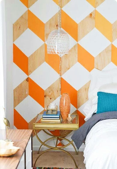 个性北欧风卧室 橘黄色几何图案背景墙设计