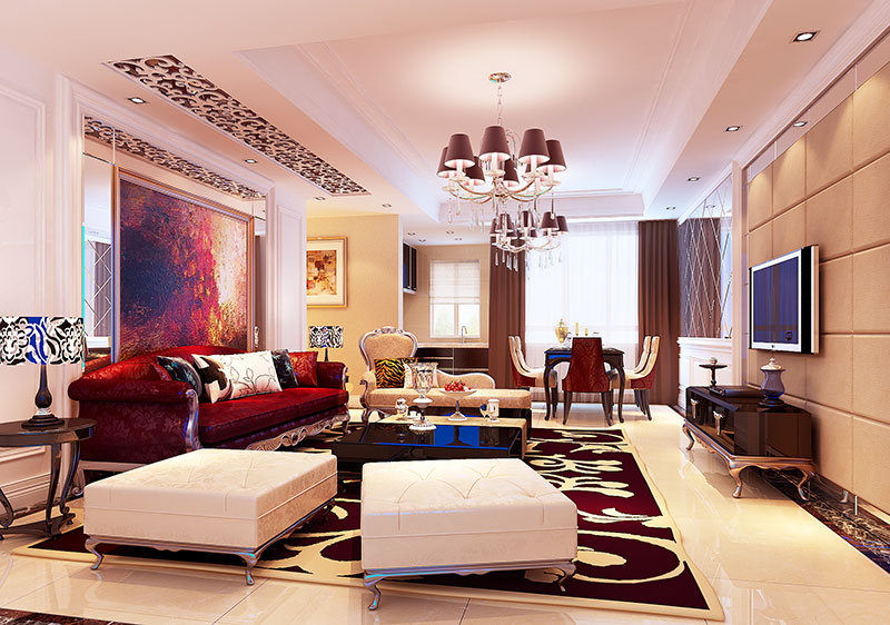奢华大气欧式客厅 深红色沙发效果图