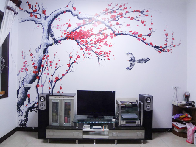 浪漫简中式客厅 梅花手绘墙设计