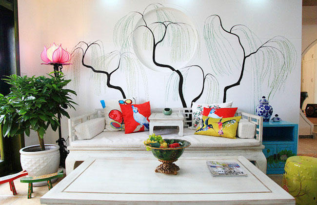 时尚新中式客厅 柳树手绘沙发背景墙图片